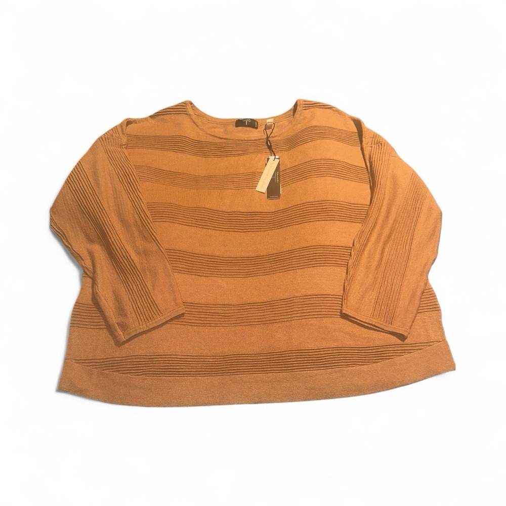 Tahari Woman Sweater Ribbed Stripes Bear Camel Color 3/4 Sleeve Soft Size 1X NWT